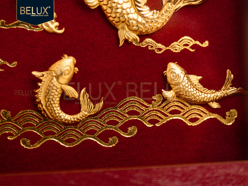 Tranh Cá Chép Vượt Vũ Môn Dát Vàng 24k- 25x20cm